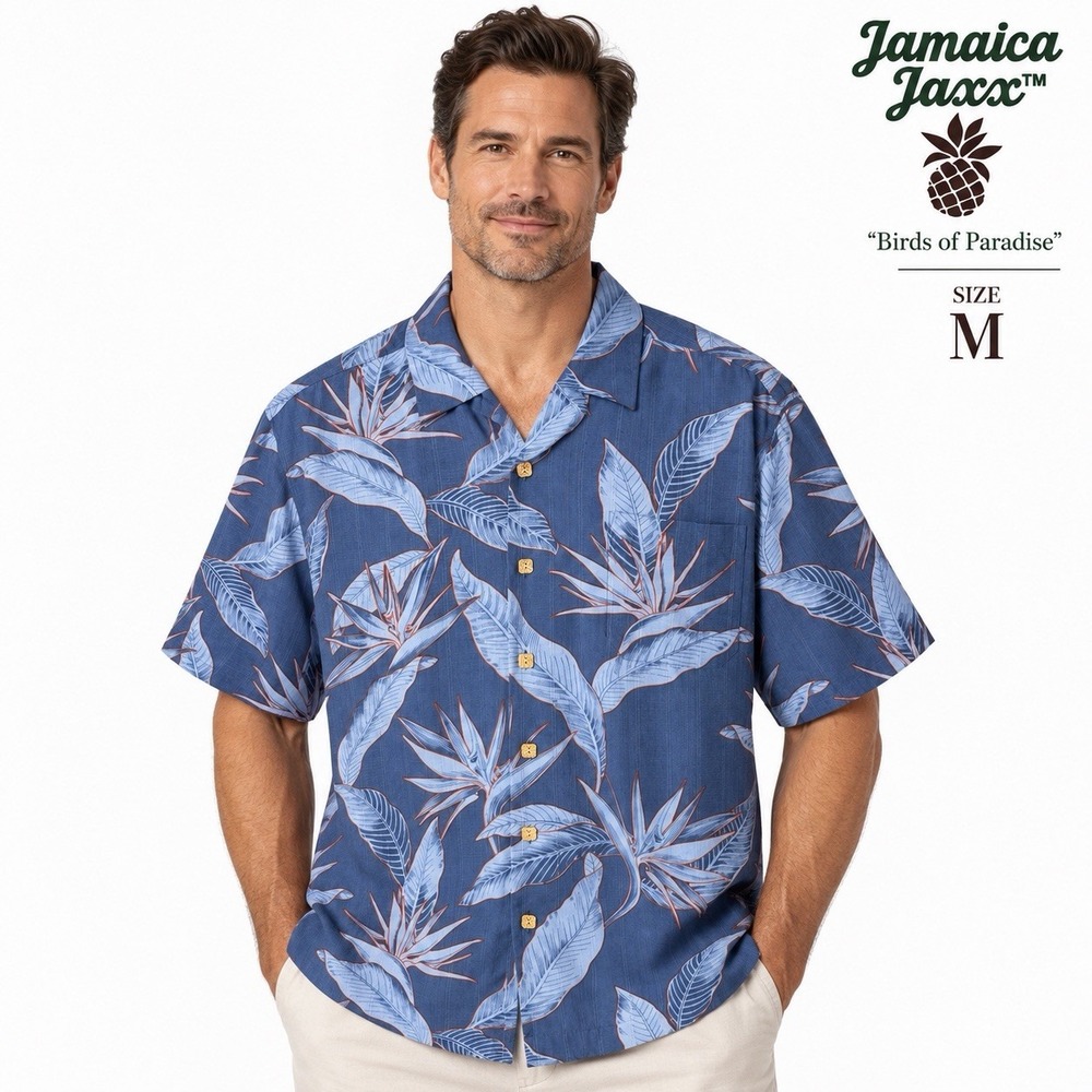 Jamaica Jaxx Men's Medium Blue 100% Silk Bird of Paradise Hawaiian Aloha Shirt